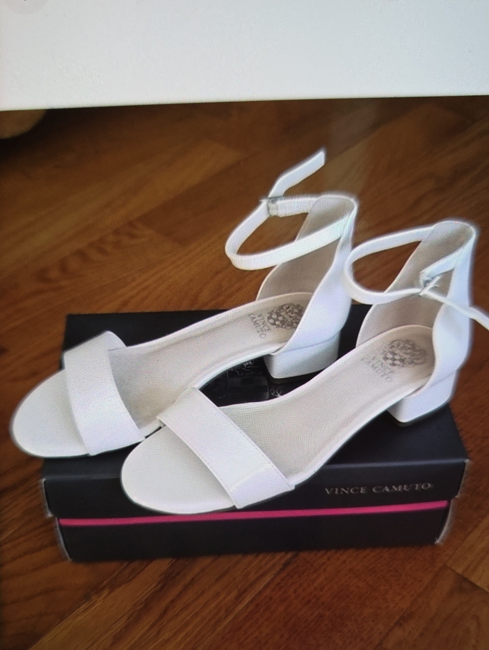 Vince Camuto White Ankle-Strap Low Block Heel Sandals